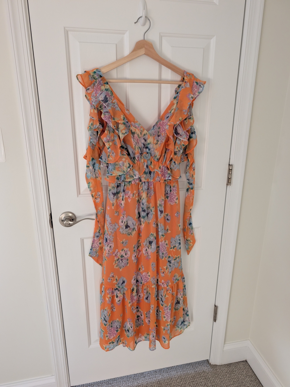 Floral Ruffle V-Neck Dress in Orange